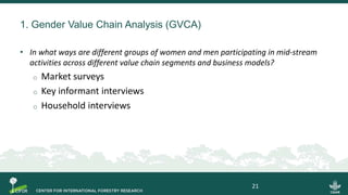 1. Gender Value Chain Analysis (GVCA)
• In what ways are different groups of women and men participating in mid-stream
activities across different value chain segments and business models?
o Market surveys
o Key informant interviews
o Household interviews
21
 
