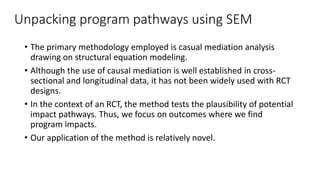 Unpacking program pathways using SEM
• The primary methodology employed is casual mediation analysis
drawing on structural equation modeling.
• Although the use of causal mediation is well established in cross-
sectional and longitudinal data, it has not been widely used with RCT
designs.
• In the context of an RCT, the method tests the plausibility of potential
impact pathways. Thus, we focus on outcomes where we find
program impacts.
• Our application of the method is relatively novel.
 