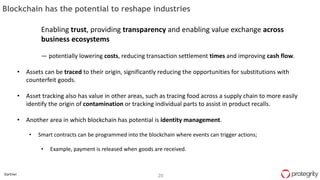 20Gartner
Blockchain has the potential to reshape industries
Enabling trust, providing transparency and enabling value exchange across
business ecosystems
— potentially lowering costs, reducing transaction settlement times and improving cash flow.
• Assets can be traced to their origin, significantly reducing the opportunities for substitutions with
counterfeit goods.
• Asset tracking also has value in other areas, such as tracing food across a supply chain to more easily
identify the origin of contamination or tracking individual parts to assist in product recalls.
• Another area in which blockchain has potential is identity management.
• Smart contracts can be programmed into the blockchain where events can trigger actions;
• Example, payment is released when goods are received.
 
