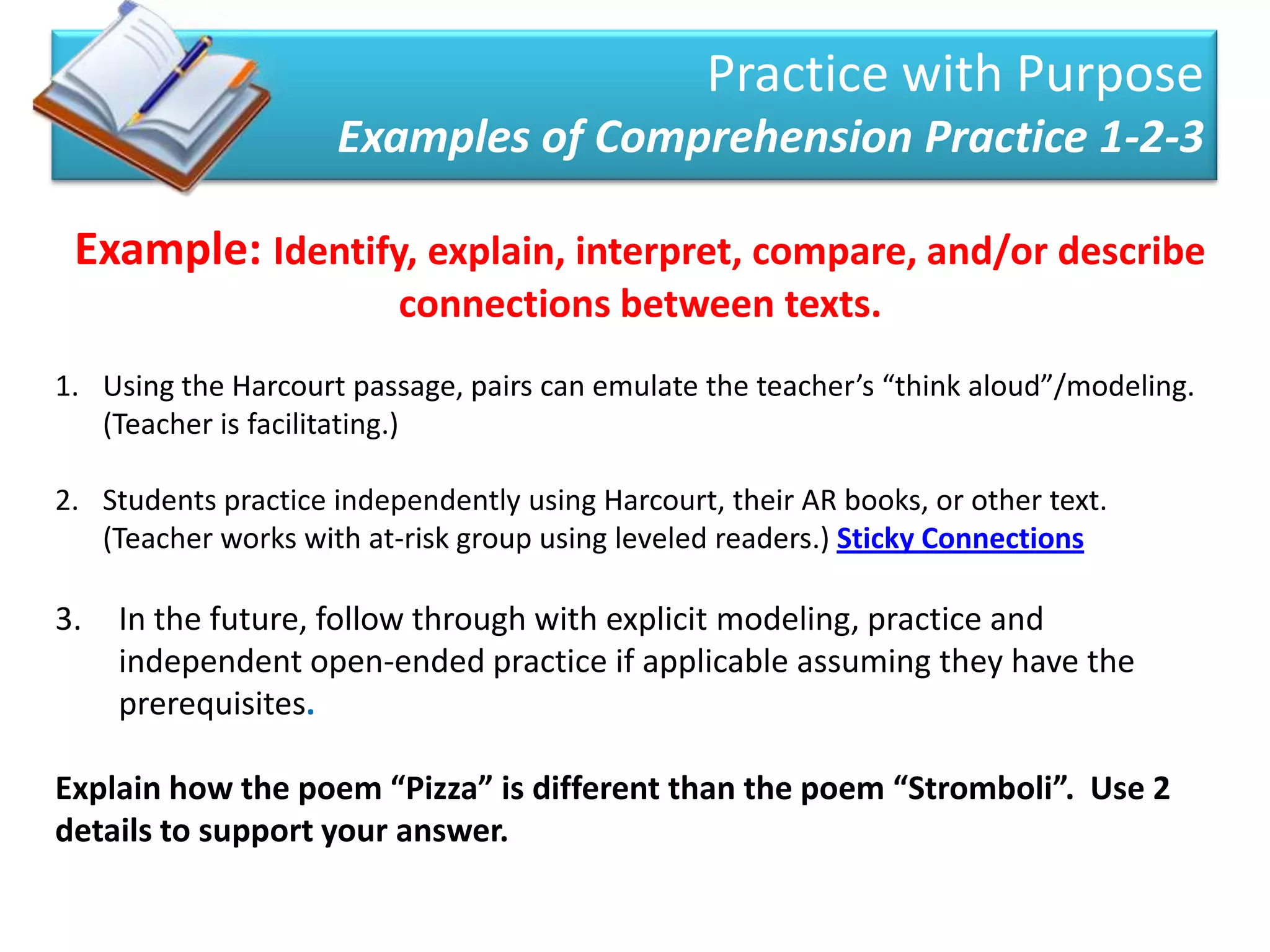 Practice with Purpose
                     Examples of Comprehension Practice 1-2-3

 Example: Identify, explain, interpret, compare, and/or describe
                          connections between texts.
1. Using the Harcourt passage, pairs can emulate the teacher’s “think aloud”/modeling.
   (Teacher is facilitating.)

2. Students practice independently using Harcourt, their AR books, or other text.
   (Teacher works with at-risk group using leveled readers.) Sticky Connections
                                         &
                                      summarize
3.   In the future, follow through with explicit modeling, practice and
     independent open-ended practice if applicable assuming they have the
     prerequisites.

Explain how the poem “Pizza” is different than the poem “Stromboli”. Use 2
details to support your answer.
 