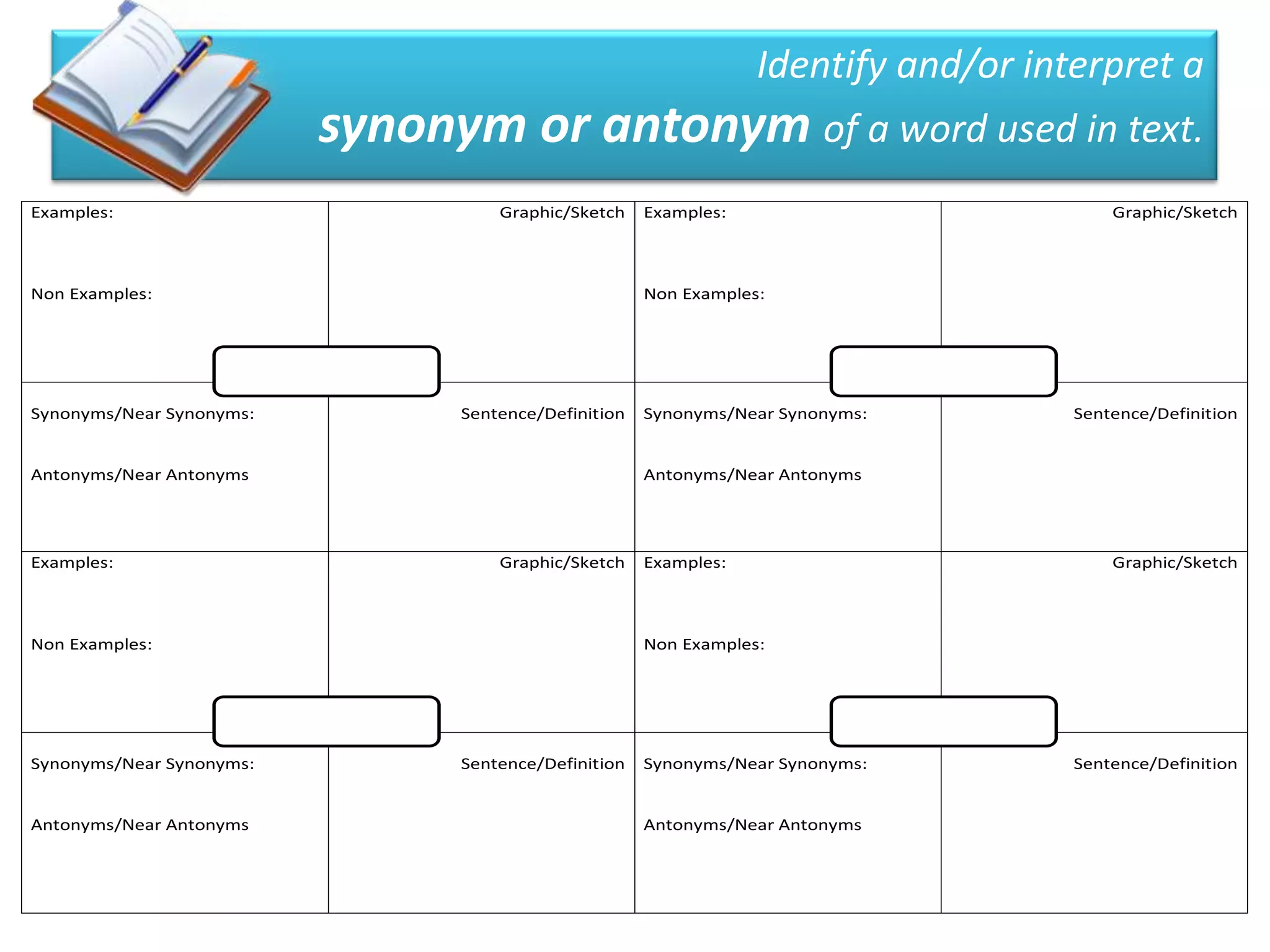 Identify and/or interpret a
                          synonym or antonym of a word used in text.
Examples:                           Graphic/Sketch    Examples:                          Graphic/Sketch



Non Examples:                                         Non Examples:




Synonyms/Near Synonyms:         Sentence/Definition   Synonyms/Near Synonyms:        Sentence/Definition


Antonyms/Near Antonyms                                Antonyms/Near Antonyms




Examples:                           Graphic/Sketch    Examples:                          Graphic/Sketch



Non Examples:                                         Non Examples:




Synonyms/Near Synonyms:         Sentence/Definition   Synonyms/Near Synonyms:        Sentence/Definition


Antonyms/Near Antonyms                                Antonyms/Near Antonyms
 