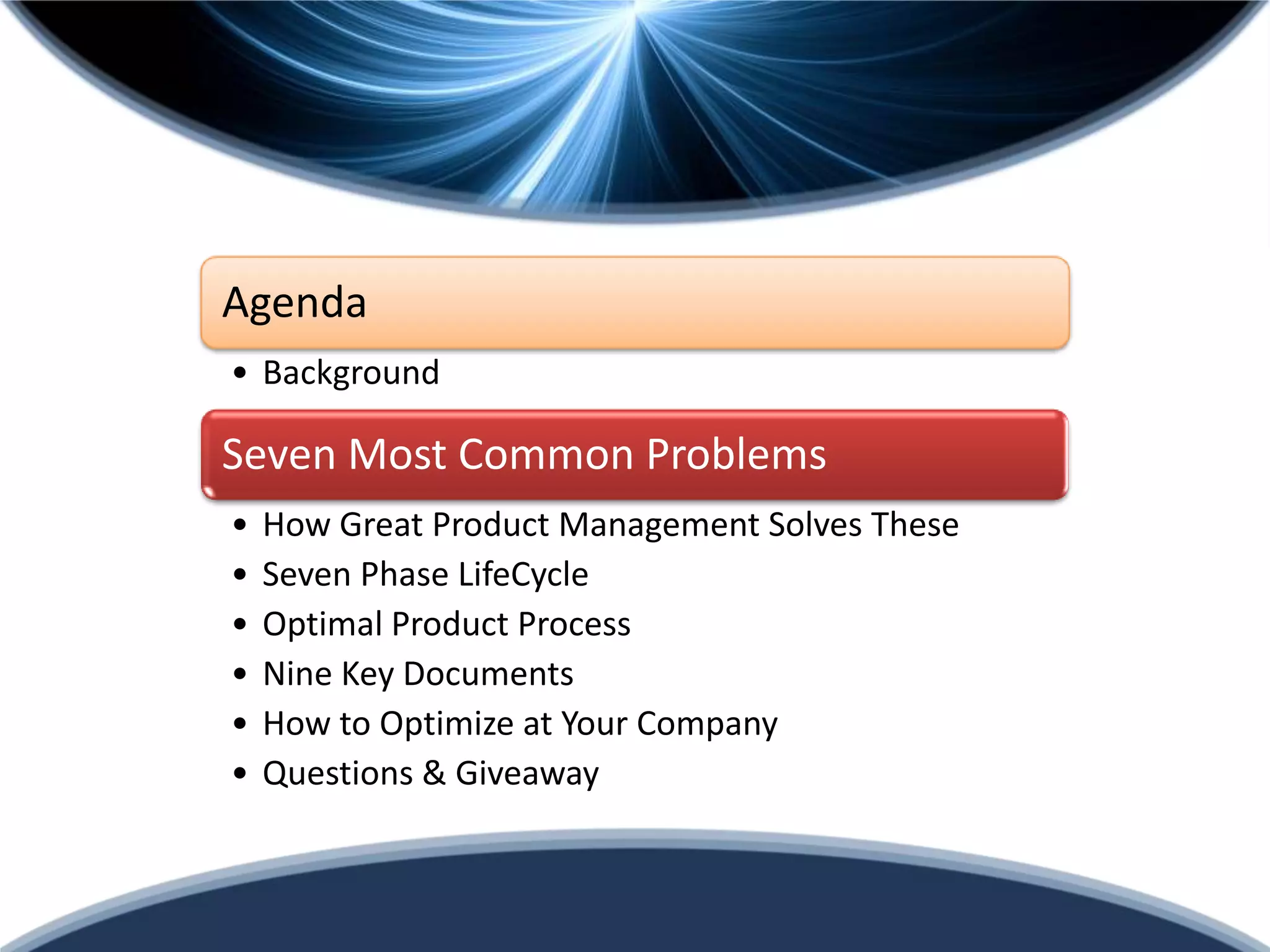 Agenda
• Background

Seven Most Common Problems
•   How Great Product Management Solves These
•   Seven Phase LifeCycle
•   Optimal Product Process
•   Nine Key Documents
•   How to Optimize at Your Company
•   Questions & Giveaway
 