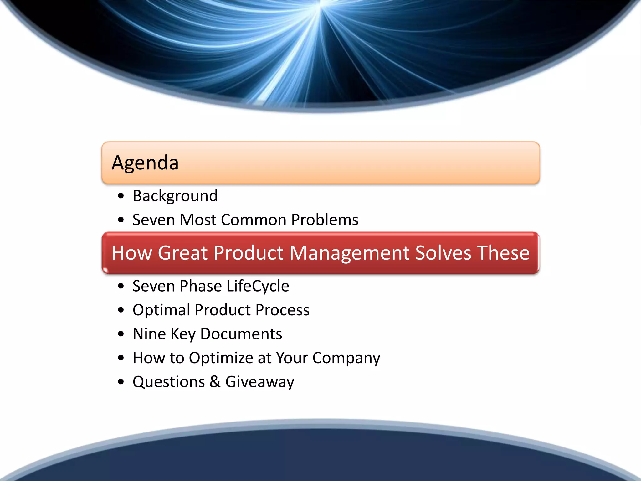 Agenda
• Background
• Seven Most Common Problems
How Great Product Management Solves These
•   Seven Phase LifeCycle
•   Optimal Product Process
•   Nine Key Documents
•   How to Optimize at Your Company
•   Questions & Giveaway
 
