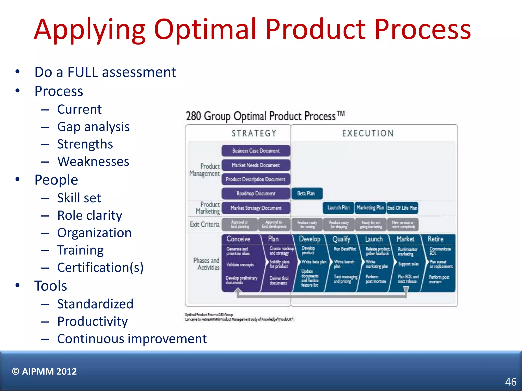 Applying Optimal Product Process
• Do a FULL assessment
• Process
     –   Current
     –   Gap analysis
     –   Strengths
     –   Weaknesses
• People
     –   Skill set
     –   Role clarity
     –   Organization
     –   Training
     –   Certification(s)
• Tools
     – Standardized
     – Productivity
     – Continuous improvement

© AIPMM 2012
                                       46
 