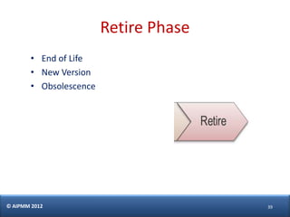 Retire Phase
        • End of Life
        • New Version
        • Obsolescence




© AIPMM 2012                            39
 
