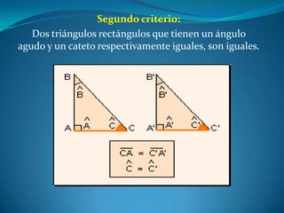 Segundo criterio:Dos triángulos rectángulos que tienen un ángulo agudo y un cateto respectivamente iguales, son iguales.