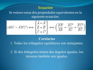 EcuaciónSe reúnen estas dos propiedades equivalentes en la siguiente ecuación:Corolarios1. Todos los triángulos equiláteros son semejantes.2. Si dos triángulos tienen dos ángulos iguales, los terceros también son iguales.
