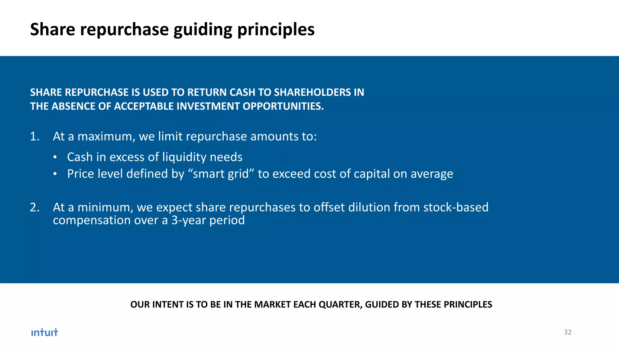 1. At a maximum, we limit repurchase amounts to:
• Cash in excess of liquidity needs
• Price level defined by “smart grid” to exceed cost of capital on average
2. At a minimum, we expect share repurchases to offset dilution from stock-based
compensation over a 3-year period
Share repurchase guiding principles
OUR INTENT IS TO BE IN THE MARKET EACH QUARTER, GUIDED BY THESE PRINCIPLES
SHARE REPURCHASE IS USED TO RETURN CASH TO SHAREHOLDERS IN
THE ABSENCE OF ACCEPTABLE INVESTMENT OPPORTUNITIES.
32
 