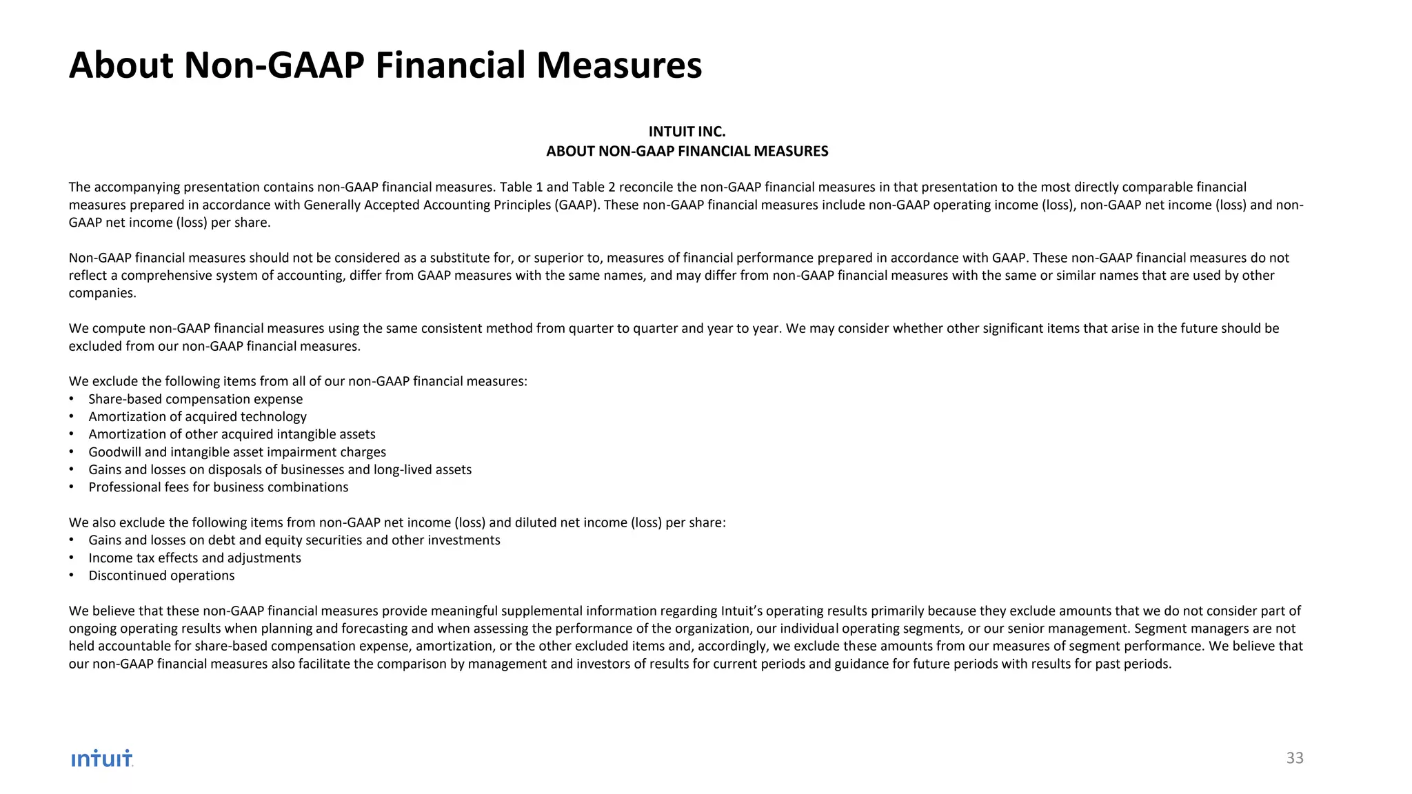 About Non-GAAP Financial Measures
INTUIT INC.
ABOUT NON-GAAP FINANCIAL MEASURES
The accompanying presentation contains non-GAAP financial measures. Table 1 and Table 2 reconcile the non-GAAP financial measures in that presentation to the most directly comparable financial
measures prepared in accordance with Generally Accepted Accounting Principles (GAAP). These non-GAAP financial measures include non-GAAP operating income (loss), non-GAAP net income (loss) and non-
GAAP net income (loss) per share.
Non-GAAP financial measures should not be considered as a substitute for, or superior to, measures of financial performance prepared in accordance with GAAP. These non-GAAP financial measures do not
reflect a comprehensive system of accounting, differ from GAAP measures with the same names, and may differ from non-GAAP financial measures with the same or similar names that are used by other
companies.
We compute non-GAAP financial measures using the same consistent method from quarter to quarter and year to year. We may consider whether other significant items that arise in the future should be
excluded from our non-GAAP financial measures.
We exclude the following items from all of our non-GAAP financial measures:
• Share-based compensation expense
• Amortization of acquired technology
• Amortization of other acquired intangible assets
• Goodwill and intangible asset impairment charges
• Gains and losses on disposals of businesses and long-lived assets
• Professional fees for business combinations
We also exclude the following items from non-GAAP net income (loss) and diluted net income (loss) per share:
• Gains and losses on debt and equity securities and other investments
• Income tax effects and adjustments
• Discontinued operations
We believe that these non-GAAP financial measures provide meaningful supplemental information regarding Intuit’s operating results primarily because they exclude amounts that we do not consider part of
ongoing operating results when planning and forecasting and when assessing the performance of the organization, our individual operating segments, or our senior management. Segment managers are not
held accountable for share-based compensation expense, amortization, or the other excluded items and, accordingly, we exclude these amounts from our measures of segment performance. We believe that
our non-GAAP financial measures also facilitate the comparison by management and investors of results for current periods and guidance for future periods with results for past periods.
33
 