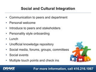 For more information, call 416.216.1067
Social and Cultural Integration
• Communication to peers and department
• Personal welcome
• Introduce to peers and stakeholders
• Personality style onboarding
• Lunch
• Unofficial knowledge repository
• Social media, forums, groups, committees
• Social events
• Multiple touch points and check ins
 