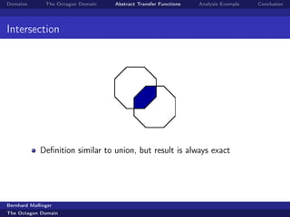 Domains        The Octagon Domain   Abstract Transfer Functions   Analysis Example   Conclusion




Intersection




             Deﬁnition similar to union, but result is always exact




Bernhard Mallinger
The Octagon Domain
 