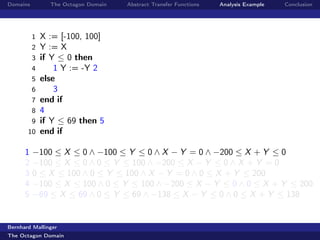 Domains         The Octagon Domain   Abstract Transfer Functions   Analysis Example   Conclusion




          1   X := [-100, 100]
          2   Y := X
          3   if Y ≤ 0 then
          4       1 Y := -Y 2
          5   else
          6       3
          7   end if
          8   4
        9     if Y ≤ 69 then 5
       10     end if

      1   −100 ≤ X ≤ 0 ∧ −100 ≤ Y ≤ 0 ∧ X − Y = 0 ∧ −200 ≤ X + Y ≤ 0
      2   −100 ≤ X ≤ 0 ∧ 0 ≤ Y ≤ 100 ∧ −200 ≤ X − Y ≤ 0 ∧ X + Y = 0
      3   0 ≤ X ≤ 100 ∧ 0 ≤ Y ≤ 100 ∧ X − Y = 0 ∧ 0 ≤ X + Y ≤ 200
      4   −100 ≤ X ≤ 100 ∧ 0 ≤ Y ≤ 100 ∧ −200 ≤ X − Y ≤ 0 ∧ 0 ≤ X + Y ≤ 200
      5   −69 ≤ X ≤ 69 ∧ 0 ≤ Y ≤ 69 ∧ −138 ≤ X − Y ≤ 0 ∧ 0 ≤ X + Y ≤ 138


Bernhard Mallinger
The Octagon Domain
 