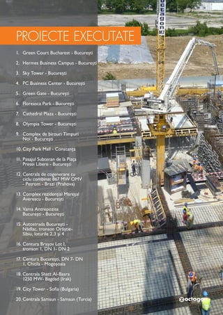 1.	 Green Court Bucharest - București
2.	 Hermes Business Campus - București
3.	 Sky Tower - București
4.	 PC Business Center - București
5.	 Green Gate - București
6.	 Floreasca Park - București
7.	 Cathedral Plaza - București
8.	 Olympia Tower - București
9.	 Complex de birouri Timpuri
Noi - București
10.	City Park Mall - Constanța
11.	Pasajul Subteran de la Piața
Presei Libere - București
12.	Centrala de cogenerare cu
ciclu combinat 867 MW OMV
- Petrom - Brazi (Prahova)
13.	Complex rezidențial Mareșal
Averescu - București
14.	Vama Antrepozite
București - București
15.	Autostrada București -
Nădlac, tronson Orăștie-
Sibiu, loturile 2,3 și 4
16.	Centura Brașov Lot I,
tronson 1, DN 1- DN 2
17.	Centura București, DN 7- DN
1, Chitila - Mogoșoaia
18.	Centrala Shatt Al-Basra
1250 MW- Bagdad (Irak)
19.	City Tower - Sofia (Bulgaria)
20.	Centrala Samsun - Samsun (Turcia)
PROIECTE EXECUTATE
 