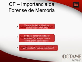 CF – Importancia da
Forense de Memória
• Análise Post Mortem
• Análise Live
• Análise Dump Memória
Volume de dados dificulta a
localização de malwares
Pode ser comprometida por
malwares (hooking) – menos
confiável em alguns casos
Melhor relação esforço-resultado!!
 