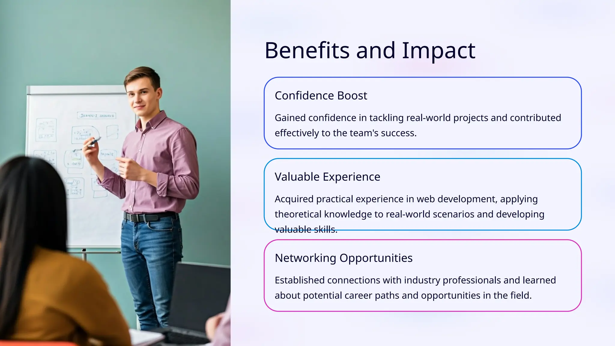 Benefits and Impact
Confidence Boost
Gained confidence in tackling real-world projects and contributed
effectively to the team's success.
Valuable Experience
Acquired practical experience in web development, applying
theoretical knowledge to real-world scenarios and developing
valuable skills.
Networking Opportunities
Established connections with industry professionals and learned
about potential career paths and opportunities in the field.
 