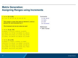 No Rights Reseved.11
Matrix Generation:
Assigning Ranges using Increments
>> v = [0:5:50]
0 5 10 15 20 25 30 35 40 45 50
This creates a vector that starts at element 0, ends at
element 50, and increments by 5.
The increment can be any value we want:
>> v = [0:pi:50]
0.00000 3.14159 6.28319 9.42478
12.56637 15.70796 18.84956 21.99115
25.13274 28.27433 31.41593 34.55752
37.69911 40.84070 43.98230 47.12389
>> v = [0:e:50]
0.00000 2.71828 5.43656 8.15485
10.87313 13.59141 16.30969 19.02797
21.74625 24.46454 27.18282 29.90110
32.61938 35.33766 38.05595 40.77423
43.49251 46.21079 48.92907
Commands:
v = [ x : n : y ]
x = start
y = end
n = increment
References:
 GNU Tutorial:
 