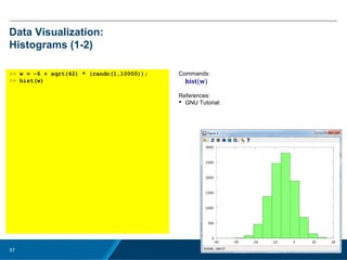 No Rights Reseved.57
Data Visualization:
Histograms (1-2)
>> w = -6 + sqrt(42) * (randn(1,10000));
>> hist(w)
Commands:
hist(w)
References:
 GNU Tutorial:
 