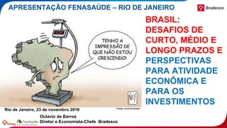 BRASIL:
DESAFIOS DE
CURTO, MÉDIO E
LONGO PRAZOS E
PERSPECTIVAS
PARA ATIVIDADE
ECONÔMICA E
PARA OS
INVESTIMENTOS
Octavio de Barros
Diretor e Economista-Chefe Bradesco
APRESENTAÇÃO FENASAÚDE – RIO DE JANEIRO
Rio de Janeiro, 23 de novembro 2016 Charge: Jornal de Brasília
 