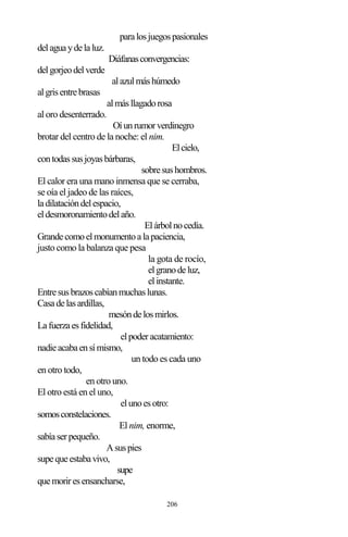 206
paralosjuegospasionales
delaguaydelaluz.
Diáfanasconvergencias:
delgorjeodelverde
alazulmáshúmedo
algrisentrebrasas
almásllagadorosa
al oro desenterrado.
Oíunrumorverdinegro
brotar del centro de la noche: el nim.
Elcielo,
contodassusjoyasbárbaras,
sobresushombros.
El calor era una mano inmensa que se cerraba,
se oía el jadeo de las raíces,
ladilatacióndelespacio,
eldesmoronamientodelaño.
Elárbolnocedía.
Grandecomoelmonumentoalapaciencia,
justo como la balanza que pesa
la gota de rocío,
elgranodeluz,
elinstante.
Entresusbrazoscabíanmuchaslunas.
Casadelasardillas,
mesóndelosmirlos.
Lafuerzaesfidelidad,
elpoderacatamiento:
nadieacabaensímismo,
un todo es cada uno
en otro todo,
en otro uno.
El otro está en el uno,
elunoesotro:
somosconstelaciones.
El nim, enorme,
sabíaserpequeño.
Asuspies
supequeestabavivo,
supe
quemoriresensancharse,
 