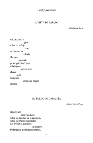 231
Configuraciones
A VISTA DE PÁJARO
A Guillermo Suete
FURIOSAMENTE
gira
sobre un reflejo
cae
en línea recta
afilada
blancura
asciende
ya sangriento el pico
sal dispersa
apenas línea
al caer
recta
tu mirada
sobre esta página
disuelta
EL FUEGO DE CADA DÍA
A Juan García Ponce
COMOelaire
hace y deshace
sobre las páginas de la geología,
sobre las mesas planetarias,
sus invisibles edificios:
elhombre.
Su lenguaje es un grano apenas,
 