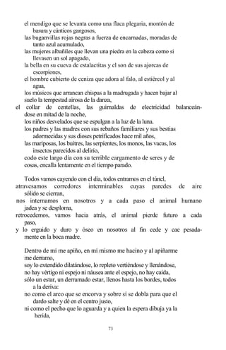 73
el mendigo que se levanta como una flaca plegaria, montón de
basura y cánticos gangosos,
las buganvillas rojas negras a fuerza de encarnadas, moradas de
tanto azul acumulado,
las mujeres albañiles que llevan una piedra en la cabeza como si
llevasen un sol apagado,
la bella en su cueva de estalactitas y el son de sus ajorcas de
escorpiones,
el hombre cubierto de ceniza que adora al falo, al estiércol y al
agua,
los músicos que arrancan chispas a la madrugada y hacen bajar al
suelo la tempestad airosa de la danza,
el collar de centellas, las guirnaldas de electricidad balanceán-
dose en mitad de la noche,
los niños desvelados que se espulgan a la luz de la luna.
los padres y las madres con sus rebaños familiares y sus bestias
adormecidas y sus dioses petrificados hace mil años,
las mariposas, los buitres, las serpientes, los monos, las vacas, los
insectos parecidos al delirio,
codo este largo día con su terrible cargamento de seres y de
cosas, encalla lentamente en el tiempo parado.
Todos vamos cayendo con el día, todos entramos en el túnel,
atravesamos corredores interminables cuyas paredes de aire
sólido se cierran,
nos internamos en nosotros y a cada paso el animal humano
jadea y se desploma,
retrocedemos, vamos hacia atrás, el animal pierde futuro a cada
paso,
y lo erguido y duro y óseo en nosotros al fin cede y cae pesada-
mente en la boca madre.
Dentro de mí me apiño, en mí mismo me hacino y al apiñarme
me derramo,
soy lo extendido dilatándose, lo repleto vertiéndose y llenándose,
no hay vértigo ni espejo ni náusea ante el espejo, no hay caída,
sólo un estar, un derramado estar, llenos hasta los bordes, todos
a la deriva:
no como el arco que se encorva y sobre sí se dobla para que el
dardo salte y dé en el centro justo,
ni como el pecho que lo aguarda y a quien la espera dibuja ya la
herida,
 