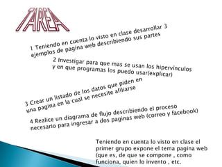 TAREA1 Teniendo en cuenta lo visto en clase desarrollar 3 ejemplos de pagina web describiendo sus partes2 Investigar para que mas se usan los hipervínculos y en que programas los puedo usar(explicar) 3 Crear un listado de los datos que piden en una pagina en la cual se necesite afiliarse4 Realice un diagrama de flujo describiendo el proceso necesario para ingresar a dos paginas web (correo y facebook) Teniendo en cuenta lo visto en clase el primer grupo expone el tema pagina web (que es, de que se compone , como funciona, quien lo invento , etc.