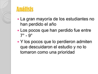 Análisis
 La gran mayoría de los estudiantes no
  han perdido el año
 Los pocos que han perdido fue entre
  7° - 9°
 Y los pocos que lo perdieron admiten
  que descuidaron el estudio y no lo
  tomaron como una prioridad
 