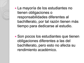    La mayoría de los estudiantes no
    tienen obligaciones o
    responsabilidades diferentes al
    bachillerato, por tal razón tienen más
    tiempo para dedicarse al estudio.

   Son pocos los estudiantes que tienen
    obligaciones diferentes a las del
    bachillerato, pero esto no afecta su
    rendimiento académico.
 