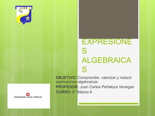 EXPRESIONE
S
ALGEBRAICA
S
OBJETIVO: Comprender, valorizar y reducir
expresiones algebraicas.
PROFESOR: Juan Carlos Peñaloza Venegas
CURSO: 8° Básico A
 