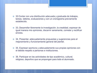  32.Contar con una distribución adecuada y graduada de trabajos,
tareas, talleres, evaluaciones y con un cronograma previamente
establecido.
 33. Desarrollar libremente la investigación, la creatidad, expresar de
igual manera mis opiniones, discernir sanamente, cometer y rectificar
errores.
 34. Presentar, adecuadamente propuestas y sugerencias para el
mejoramiento y funcionamiento general del plantel.
 35. Expresar oportuna y adecuadamente sus propias opiniones con
el debido respeto a personas e instituciones.
 36. Participar en las actividades de tipo académico, cultural,
religioso, deportivo que se propongan para todo el alumnado.
 