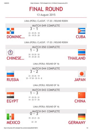 14/8/2015 Match Schedule - FIVB Volleyball Girls' U18 World Championship 2015
http://u18.women.2015.volleyball.fivb.com/en/schedule#/d20150813 1/2
FINAL ROUND
13 August 2015
LIMA (PERU) CLASSIF. 17-20 | ROUND ROBIN
MATCH 049 COMPLETE
3 - 1
23 - 25 25 - 18
25 - 18 25 - 20
DOMINIC… CUBA
M a t c h C e n t r e
LIMA (PERU) CLASSIF. 17-20 | ROUND ROBIN
MATCH 050 COMPLETE
1 - 3
22 - 25 25 - 22
19 - 25 20 - 25
CHINESE… THAILAND
M a t c h C e n t r e
LIMA (PERU) ROUND OF 16
MATCH 044 COMPLETE
3 - 2
23 - 25 25 - 19
25 - 17 20 - 25 15 - 8
RUSSIA JAPAN
M a t c h C e n t r e
LIMA (PERU) ROUND OF 16
MATCH 043 COMPLETE
1 - 3
17 - 25 25 - 21
14 - 25 17 - 25
EGYPT CHINA
M a t c h C e n t r e
LIMA (PERU) ROUND OF 16
MATCH 041 COMPLETE
0 - 3
19 - 25 21 - 25
22 - 25
MEXICO GERMANY
M a t c h C e n t r e
 