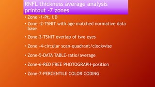 RNFL thickness average analysis
printout -7 zones
• Zone -1-Pt. I.D
• Zone -2-TSNIT with age matched normative data
base
• Zone-3-TSNIT overlap of two eyes
• Zone -4-circular scan-quadrant/clockwise
• Zone-5-DATA TABLE-ratio/average
• Zone-6-RED FREE PHOTOGRAPH-position
• Zone-7-PERCENTILE COLOR CODING
 