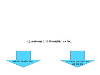 Questions and thoughts so far...
write in the chat box... or put up your hand and
use the mic
 