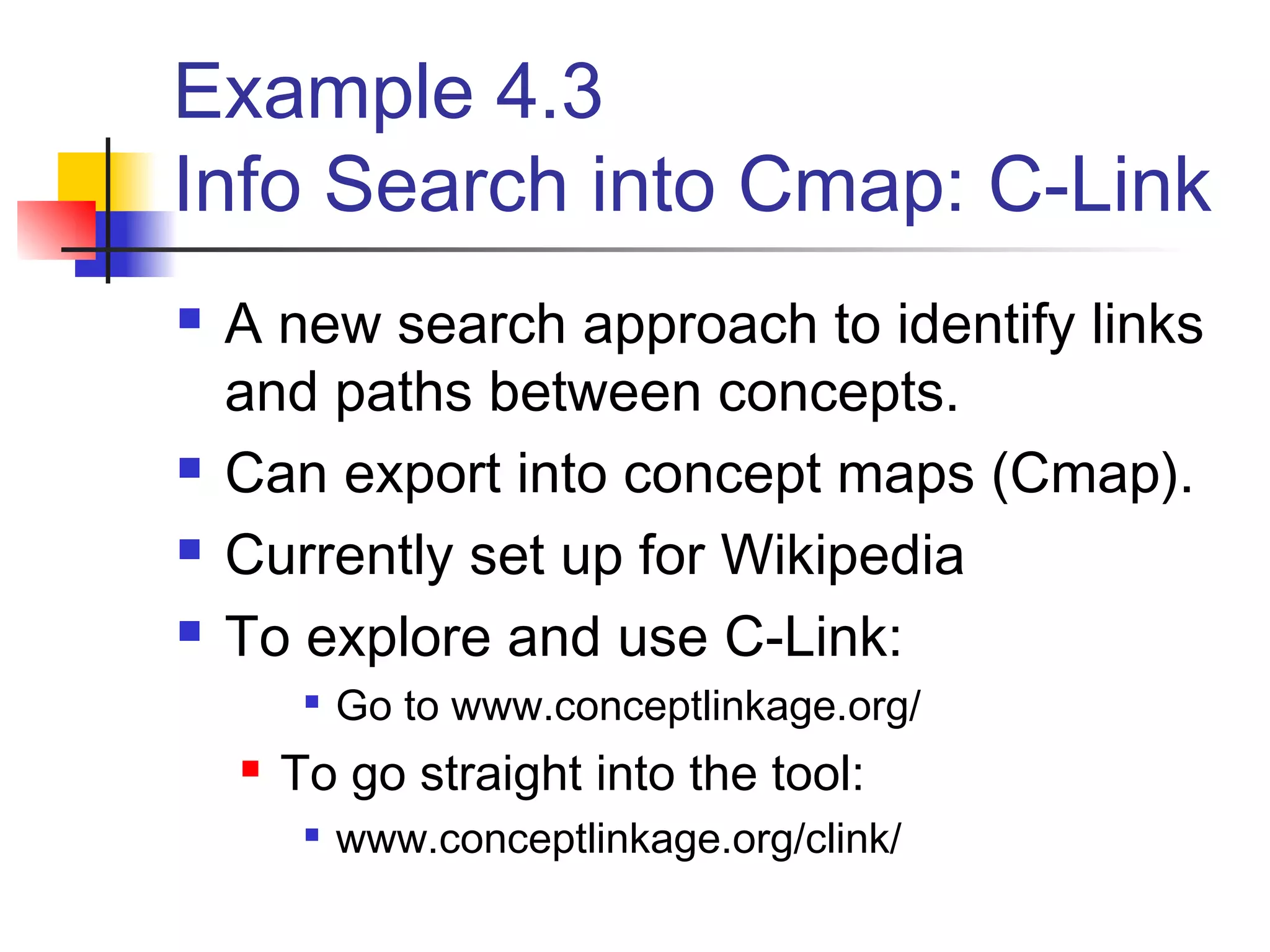 Example 4.3
Info Search into Cmap: C-Link
 A new search approach to identify links
and paths between concepts.
 Can export into concept maps (Cmap).
 Currently set up for Wikipedia
 To explore and use C-Link:

Go to www.conceptlinkage.org/
 To go straight into the tool:

www.conceptlinkage.org/clink/
 