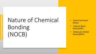 Nature of Chemical
Bonding
(NOCB)
• Kossel and Lewis
theory
• Valance Bond
theory(VBT)
• Molecular Orbital
theory(MOT)
 