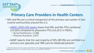 Primary Care Providers in Health Centers
• NPs and PAs are a critical component of the primary care system in low-
income ...