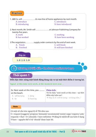 20 5
Practice
1. J&B Co. will ……………….its new line of home appliances by next month.
A. introduce					 C. introduces	
B. introducing	 				 D. have introduced
	
2. Next month, Mr. Smith will ………………. at Johnson Publishing Company for
twenty-five years.
A. work	 C. working
B. has worked	 D. have been working
3.The negotiators…………supply order contracts by the end of next week.
A.	 Finish					 C. will finish
B.	 Finished					 D. will have finished
Đáp án	
1. D  2. D  3. D
9.	 Thì tương lai tiếp diễn - The future continuous tense
Thói quen 1
Diễn đạt chức năng một hành động đang xảy ra tại một thời điểm ở tương lai.
Signal: at this time next week, at the moment next year, ...
Ex: Next week at this time, you ............
on the beach.
A.	 will be lying C. lying
B.	 lie D. have lay
Phân tích:
Từ tín hiệu “next week at this time – tại thời
điểm này tuần sau”.
à Đáp án A- will be lying – sẽ đang nằm...”
Note
Có một số cấu trúc ngoại lệ về Thì như sau:
S + request [suggest/ propose/ demand/ recommend/ insist/ urge/ require/ ask/
request] + that + S+ (should) + bare-infinitive à động từ mệnh đề sau luôn ở dạng
V-bare – nguyên thể vì từ ‘should’ được lược bỏ.
 