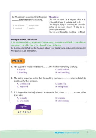 21
Ex: Mr. Jackson requested that his order
............... before tomorrow morning.
A. be received C. was received
B. received D. receive
Phân tích:
Cấu trúc cố định “S + request that + S
+(should)+V-bare à loại đáp án C và B.
Cần dạng bị động vì sau động từ cần điền
không có tân ngữ (object) à đáp án A-
(should) be received.
(Các em xem thêm phần chủ động – bị động)
Tương tự với các tính từ sau:
It  is  important [vital/ imperative/ mandatory/ necessary/ difficult/ compulsory/
essential/ crucial] + that + S + (should) + bare infinitive
Ex: It is important that you be thorough about your background and qualifications when
filling out your job application.
Practice
1.	 The customer requested that we……….the marked items very carefully.
A. handle 					 C. had handled
B. handling 					 D. had handling
2.	 The safety inspector insists that the packing machines…………intermediately to
avoid any further accident.
A.	 is replaced					 C. had been
B.	 replaced					 D. be replaced
3.	 It is imperative that adjustments in domestic fuel prices …………..sooner rather
than later.
A.	 is made					 C. be made
B.	 was made					 D. will be made
Đáp án:  
1. A   2. D  3. C
 