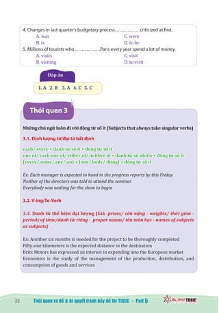 32 5
4. Changes in last quarter’s budgetary process…………….criticized at first.
A. was						 C. were
B. is						 D. to be
5. Millions of tourists who …………….Paris every year spend a lot of money.
A. visits					 C. visit	
B. visiting					 D. to visit
Đáp án
1. A   2. B    3. A   4. C   5. C
Thói quen 3
Những chủ ngữ luôn đi với động từ số ít (Subjects that always take singular verbs)
3.1. Định lượng từ/đại từ bất định
each/ every + danh từ số ít + động từ số ít
one of/ each one of/ either of/ neither of + danh từ số nhiều + động từ số ít
(every/ some/ any/ no) + (one/ body/ thing) + động từ số ít
Ex: Each manager is expected to hand in the progress reports by this Friday
Neither of the directors was told to attend the seminar
Everybody was waiting for the show to begin
3.2. V-ing/To-Verb
3.3. Danh từ thể hiện đại lượng (Giá -prices/ cân nặng - weights/ thời gian -
periods of time/danh từ riêng - proper nouns/ tên môn học - names of subjects
as subjects)
Ex: Another six months is needed for the project to be thoroughly completed
Fifty-one kilometers is the expected distance to the destination
Britz Motors has expressed an interest in expanding into the European market
Economics is the study of the management of the production, distribution, and
consumption of goods and services
 