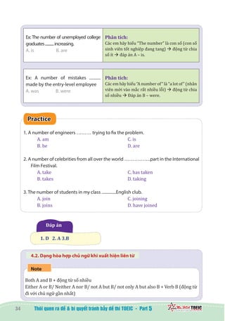 34 5
Ex: The number of unemployed college
graduates...........increasing.
A. is B. are
Phân tích:
Các em hãy hiểu “The number” là con số (con số
sinh viên tốt nghiệp đang tang) à động từ chia
số ít à đáp án A – is.
Ex: A number of mistakes ...........
made by the entry-level employee
A. was B. were
Phân tích:
Các em hãy hiểu “A number of” là “a lot of” (nhân
viên mới vào mắc rất nhiều lỗi) à động từ chia
số nhiều à Đáp án B – were.
Practice
1. A number of engineers ……… trying to fix the problem.
A. am						 C. is
B. be 						 D. are
2. A number of celebrities from all over the world …………….part in the International
Film Festival.
A. take						 C. has taken
B. takes					 D. taking
3. The number of students in my class ..............English club.
A. join 						 C. joining
B. joins 					 D. have joined
  Đáp án
1. D   2. A 3.B
4.2. Dạng hòa hợp chủ ngữ khi xuất hiện liên từ
Note
Both A and B + động từ số nhiều
Either A or B/ Neither A nor B/ not A but B/ not only A but also B + Verb B (động từ
đi với chủ ngữ gần nhất)
 