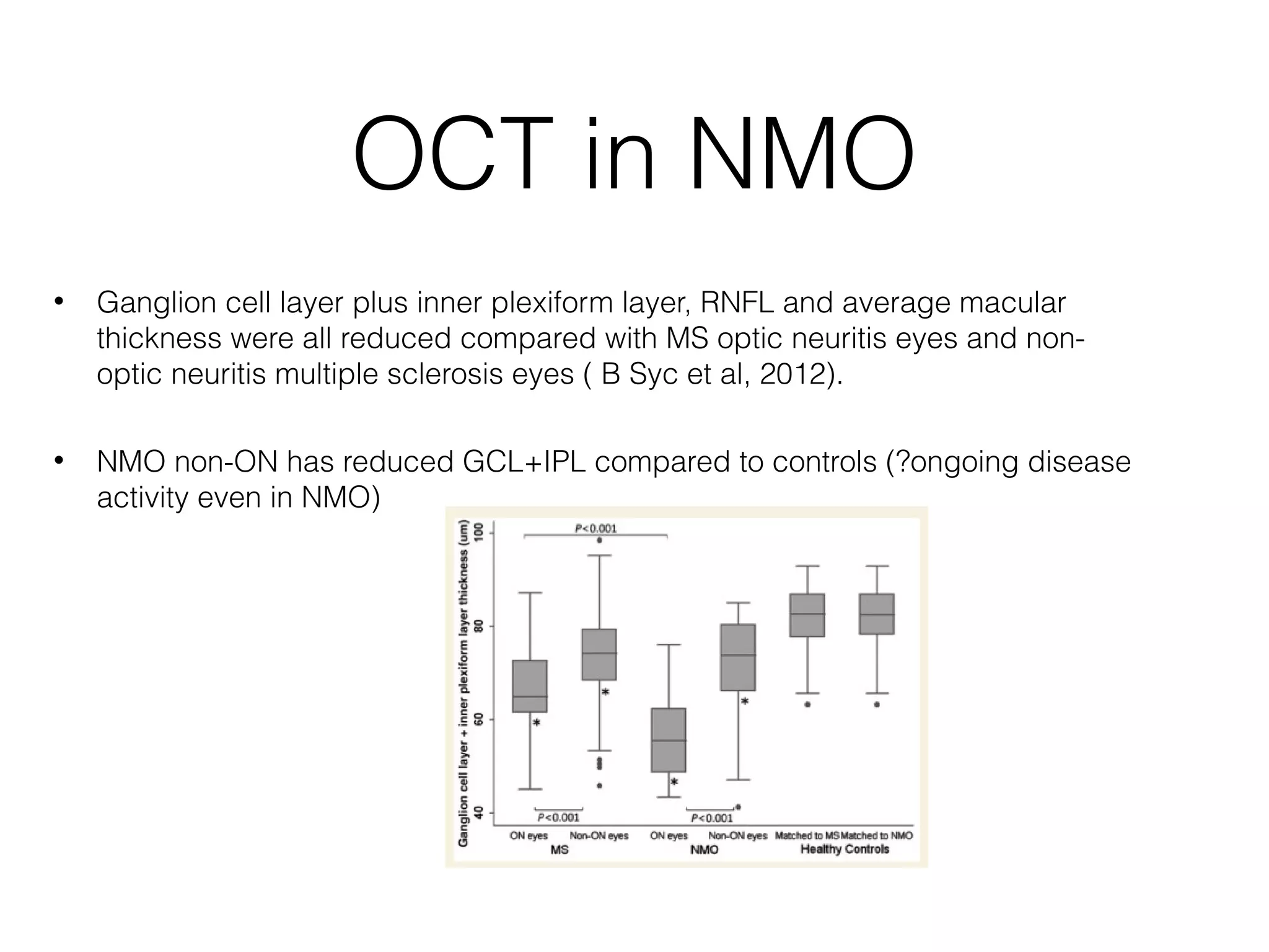 OCT in NMO 
• Ganglion cell layer plus inner plexiform layer, RNFL and average macular 
thickness were all reduced compared with MS optic neuritis eyes and non-optic 
neuritis multiple sclerosis eyes ( B Syc et al, 2012). 
• NMO non-ON has reduced GCL+IPL compared to controls (?ongoing disease 
activity even in NMO) 
 