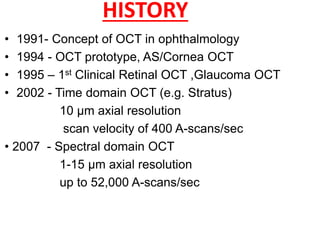 HISTORY
• 1991- Concept of OCT in ophthalmology
• 1994 - OCT prototype, AS/Cornea OCT
• 1995 – 1st Clinical Retinal OCT ,Glaucoma OCT
• 2002 - Time domain OCT (e.g. Stratus)
10 µm axial resolution
scan velocity of 400 A-scans/sec
• 2007 - Spectral domain OCT
1-15 µm axial resolution
up to 52,000 A-scans/sec
 