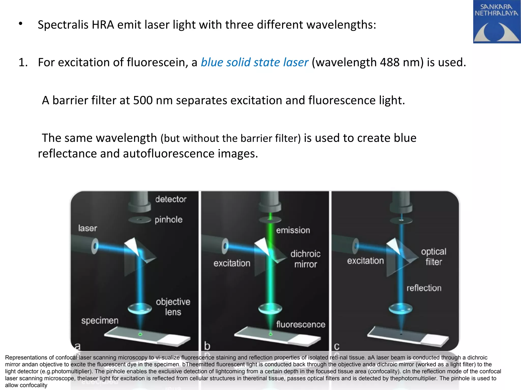 • Spectralis HRA emit laser light with three different wavelengths:
1. For excitation of fluorescein, a blue solid state laser (wavelength 488 nm) is used.
A barrier filter at 500 nm separates excitation and fluorescence light.
The same wavelength (but without the barrier filter) is used to create blue
reflectance and autofluorescence images.
Representations of confocal laser scanning microscopy to vi-sualize fluorescence staining and reflection properties of isolated reti-nal tissue. aA laser beam is conducted through a dichroic
mirror andan objective to excite the fluorescent dye in the specimen. bTheemitted fluorescent light is conducted back through the objective anda dichroic mirror (worked as a light filter) to the
light detector (e.g.photomultiplier). The pinhole enables the exclusive detection of lightcoming from a certain depth in the focused tissue area (confocality). cIn the reflection mode of the confocal
laser scanning microscope, thelaser light for excitation is reflected from cellular structures in theretinal tissue, passes optical filters and is detected by thephotomultiplier. The pinhole is used to
allow confocality
 