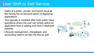 User Shift to Self Service
• Users of a public, private, and hybrid cloud all
like having the on-demand option of deploying
applications
• This typically is modeled after most public cloud
operations where the user can simply select an
application from a catalog and have it deployed
instantly
• Lifecycle management, chargeback, and
accounting need to be tied into this as well
 