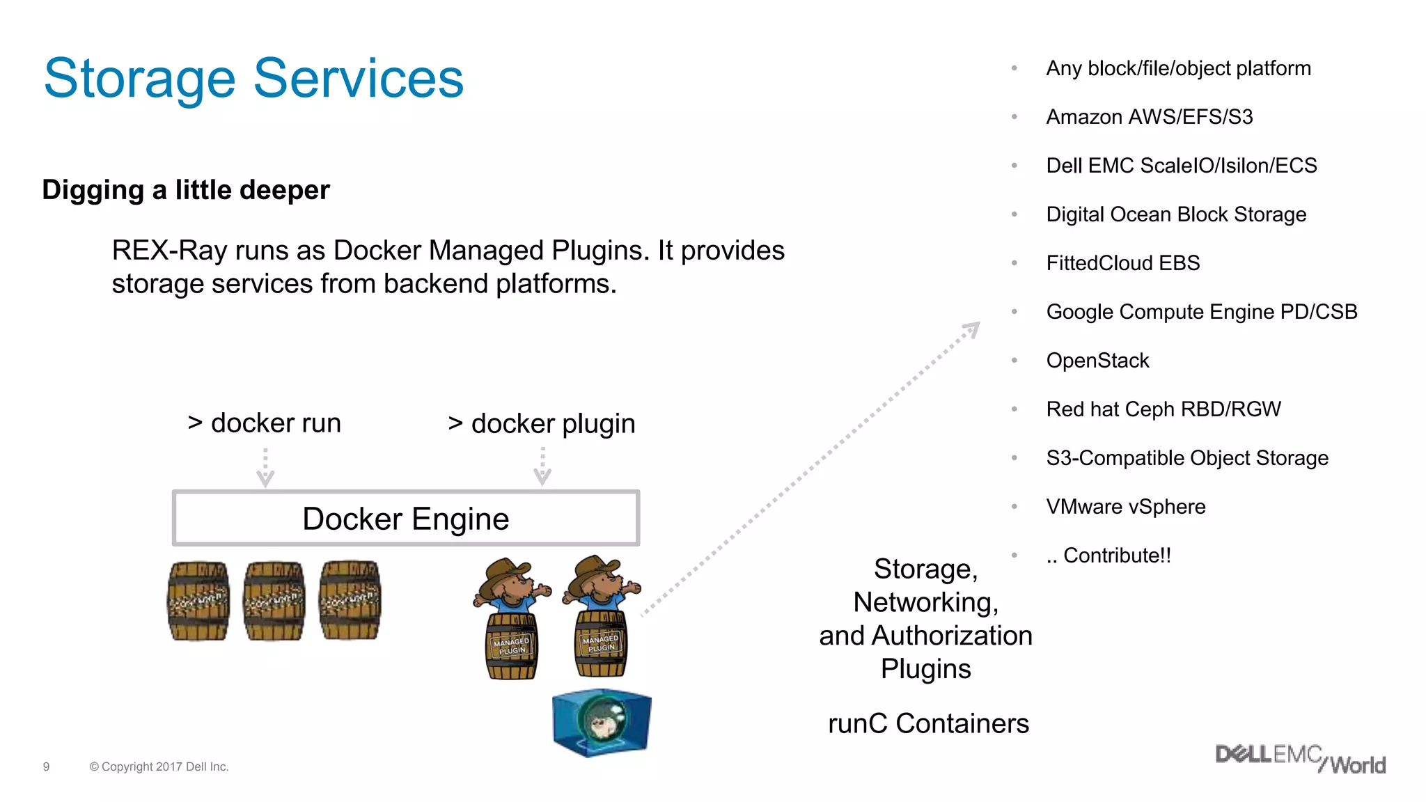© Copyright 2017 Dell Inc.9
Storage Services
Digging a little deeper
REX-Ray runs as Docker Managed Plugins. It provides
storage services from backend platforms.
Docker Engine
> docker run > docker plugin
Storage,
Networking,
and Authorization
Plugins
runC Containers
• Any block/file/object platform
• Amazon AWS/EFS/S3
• Dell EMC ScaleIO/Isilon/ECS
• Digital Ocean Block Storage
• FittedCloud EBS
• Google Compute Engine PD/CSB
• OpenStack
• Red hat Ceph RBD/RGW
• S3-Compatible Object Storage
• VMware vSphere
• .. Contribute!!
 