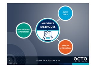58	

© OCTO 2015
Cycles	
  
courts	

	

Appren@ssage,	
  
améliora@on	

Mesure	
  
systéma@que	

NOUVELLES	
  
METHODES	

 