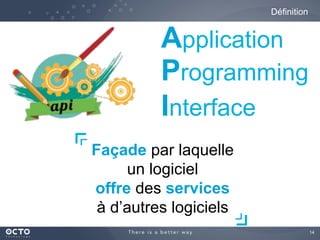 14
Définition
Application
Programming
Interface
Façade par laquelle
un logiciel
offre des services
à d’autres logiciels
 