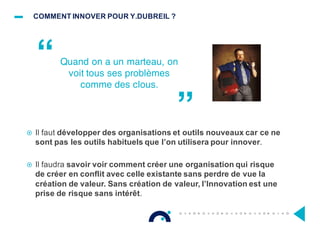 COMMENT INNOVER POUR Y.DUBREIL ?
Quand on a un marteau, on
voit tous ses problèmes
comme des clous.
“
”
¤ Il faut développer des organisations et outils nouveaux car ce ne
sont pas les outils habituels que l’on utilisera pour innover.
¤ Il faudra savoir voir comment créer une organisation qui risque
de créer en conflit avec celle existante sans perdre de vue la
création de valeur. Sans création de valeur, l’Innovation est une
prise de risque sans intérêt.
 