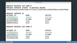 #docker-machine	ssh	node-1	
#docker	network	create	-d	overlay	skynet	
2eb093042eac5429027a48ccf72758cc325dd7d09c2b901078bb...