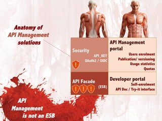 13	

Anatomy of
API Management
solutions
API
Management
is not an ESB
Security
API_KEY
OAuth2 / OIDC
API Facade
(ESB)
API Management
portal
Users enrolment
Publication/ versioning
Usage statistics
Quotas
Developer portal
Self-enrolment
API Doc / Try-it interface
 
